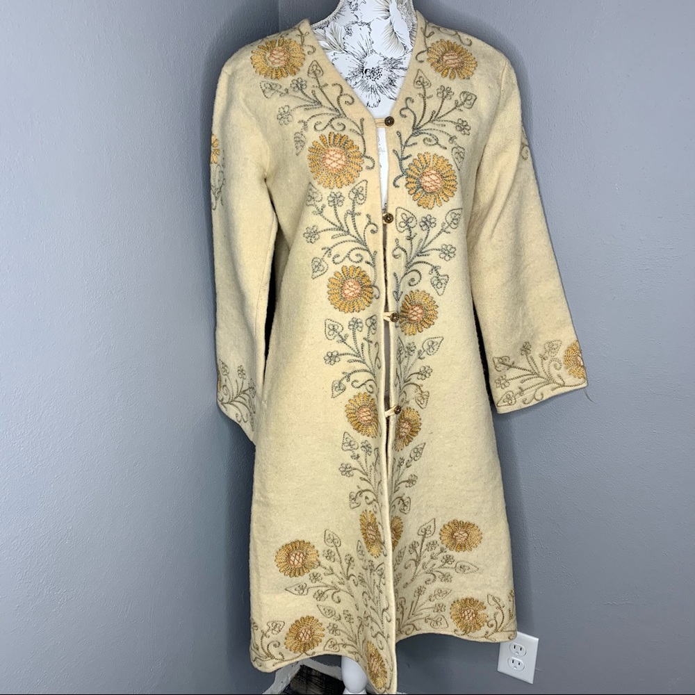 Vintage 1960s Boho Sweater Coat Embroidered Wool - Picture 2 of 5